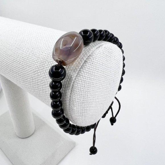 Beautiful Agate and Black Glass Beaded Brown Cord Adjustable Bracelet - Picture 2 of 5